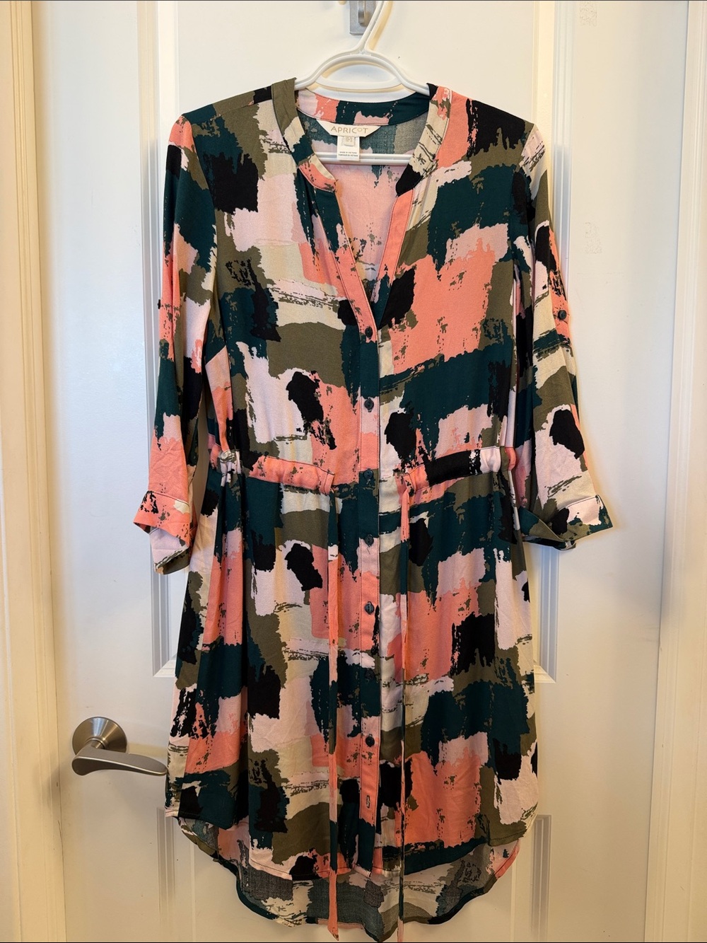 APRICOT Abstract Brushstroke Shirt Dress in Pink, Green & Black